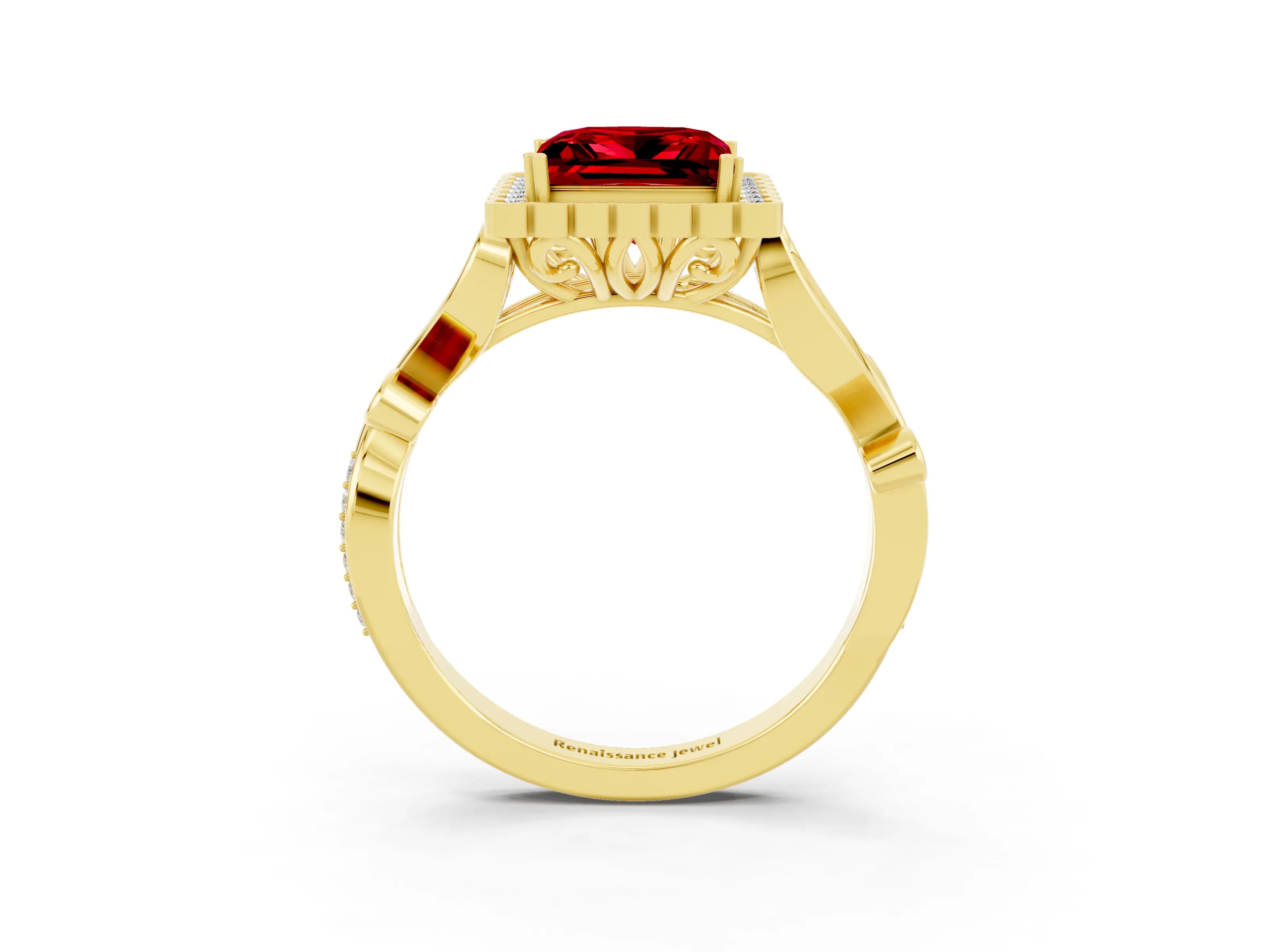 Yellow gold Princess Cut Ruby Halo Ring with Vintage Split Shank and Four-Prong Setting_3