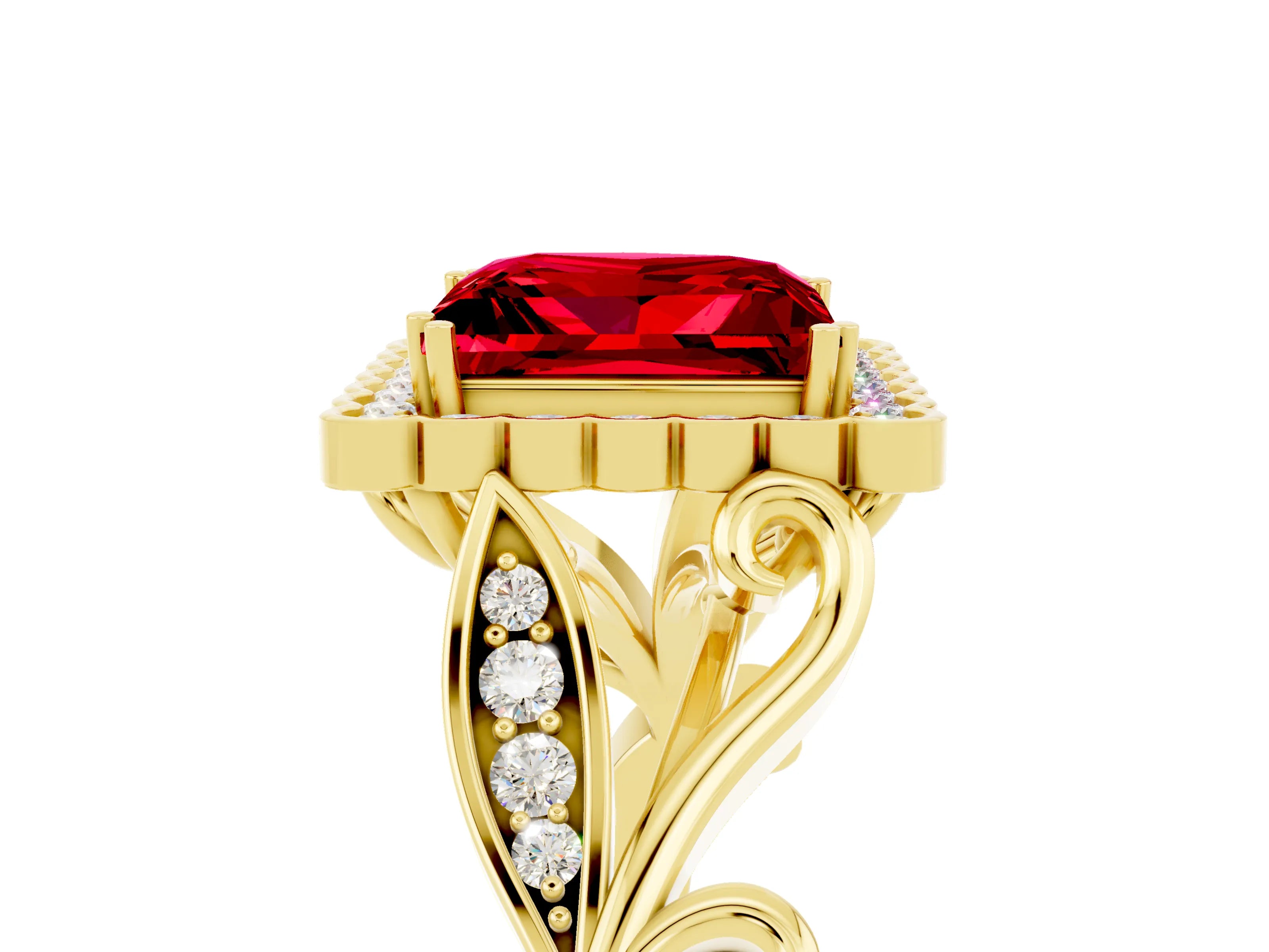 Yellow gold Princess Cut Ruby Halo Ring with Vintage Split Shank and Four-Prong Setting_5