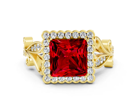 Yellow gold Princess Cut Ruby Halo Ring with Vintage Split Shank and Four-Prong Setting