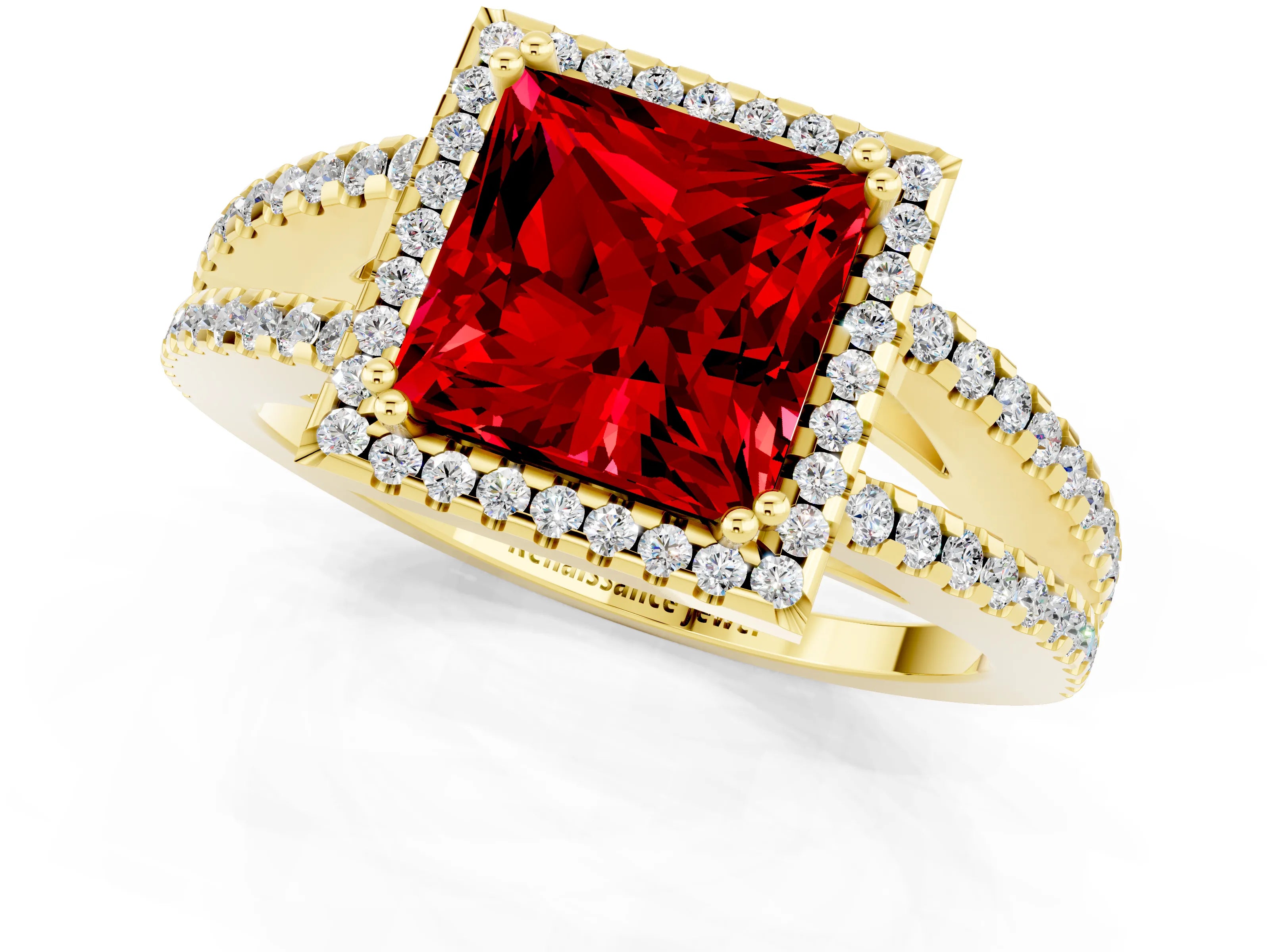 Yellow gold Princess Cut Ruby Halo Split Shank Engagement Ring_13