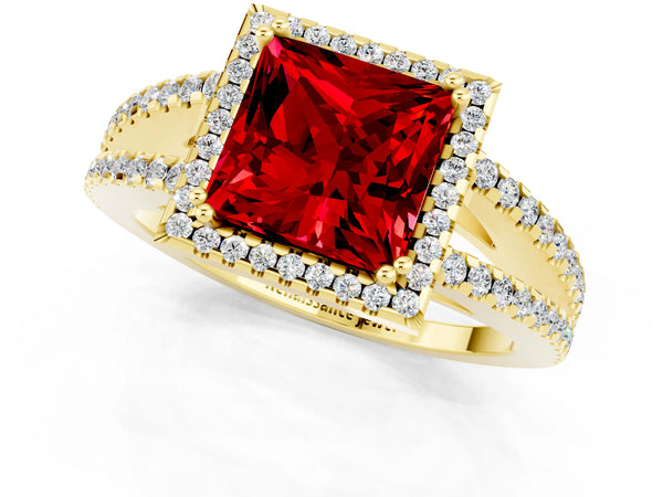 Yellow gold Princess Cut Ruby Halo Split Shank Engagement Ring