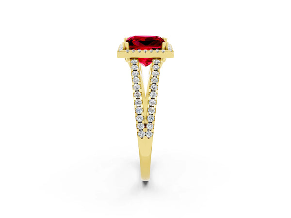 Yellow gold Princess Cut Ruby Halo Split Shank Engagement Ring