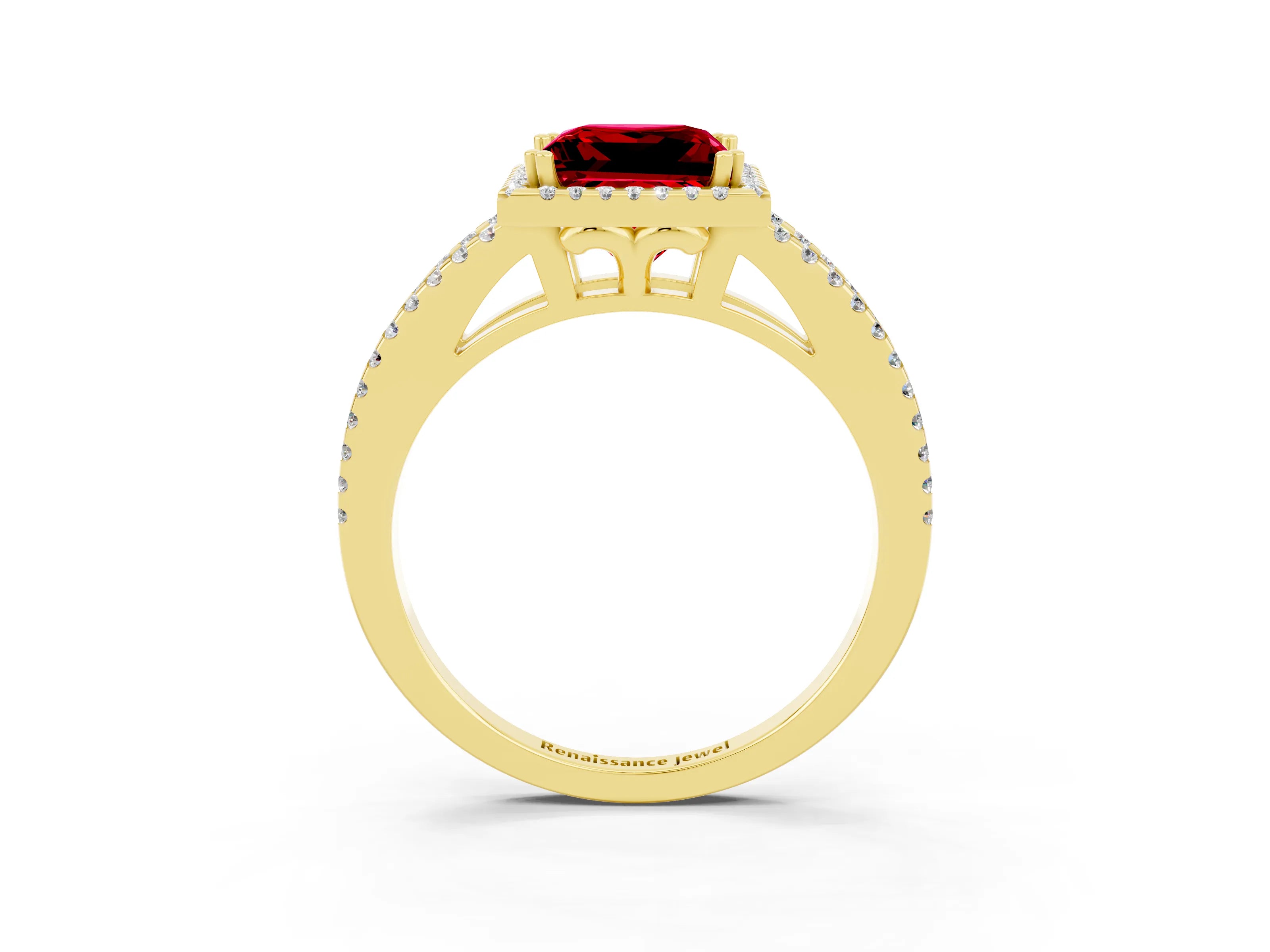 Yellow gold Princess Cut Ruby Halo Split Shank Engagement Ring_15