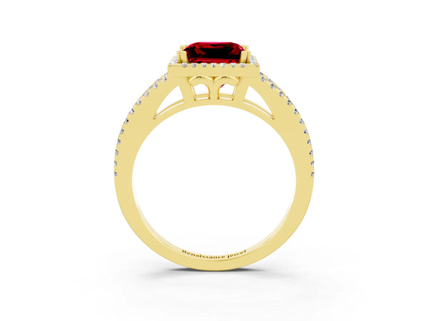 Yellow gold Princess Cut Ruby Halo Split Shank Engagement Ring