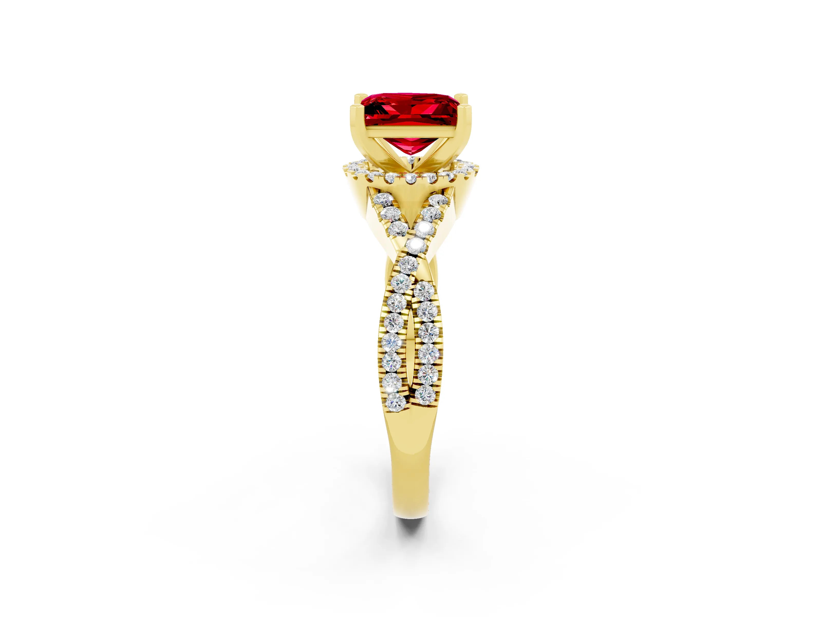 Yellow gold Princess Cut Ruby Halo Twist Band Solitaire Prong Setting Ring_2
