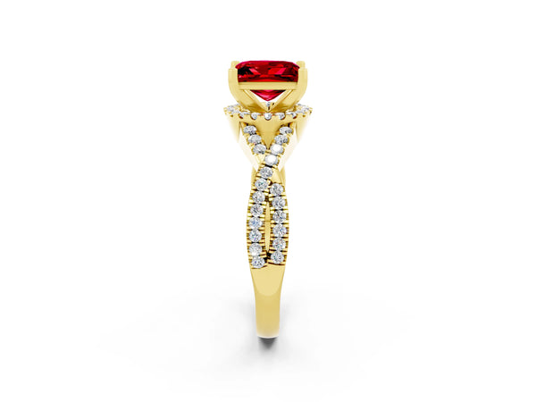 Yellow gold Princess Cut Ruby  Halo Twist Band Solitaire Prong Setting Ring