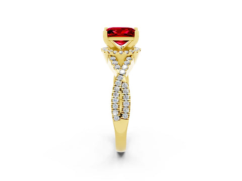 Yellow gold Princess Cut Ruby Halo Twist Band Solitaire Prong Setting Ring_2