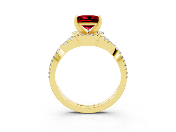 Yellow gold Princess Cut Ruby  Halo Twist Band Solitaire Prong Setting Ring