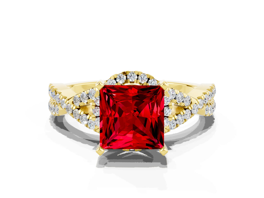 Yellow gold Princess Cut Ruby  Halo Twist Band Solitaire Prong Setting Ring_36