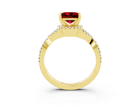 Yellow gold Princess Cut Ruby Halo Twist Band Solitaire Prong Setting Ring_3