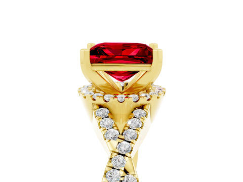 Yellow gold Princess Cut Ruby Halo Twist Band Solitaire Prong Setting Ring_5