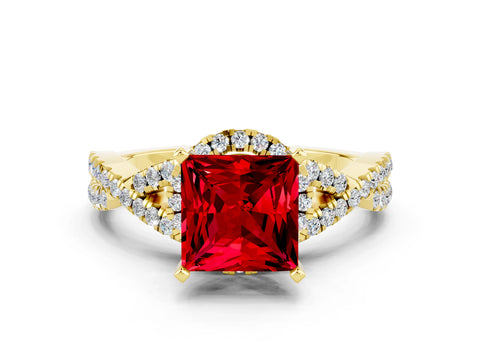 Yellow gold Princess Cut Ruby Halo Twist Band Solitaire Prong Setting Ring
