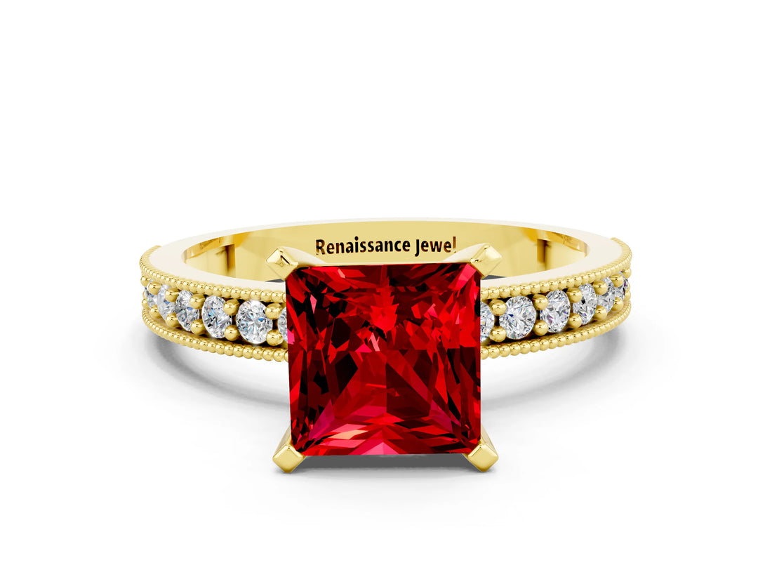 Yellow gold Princess Cut Ruby Milgrain Pavé Engagement Ring with Four-Prong Setting_12