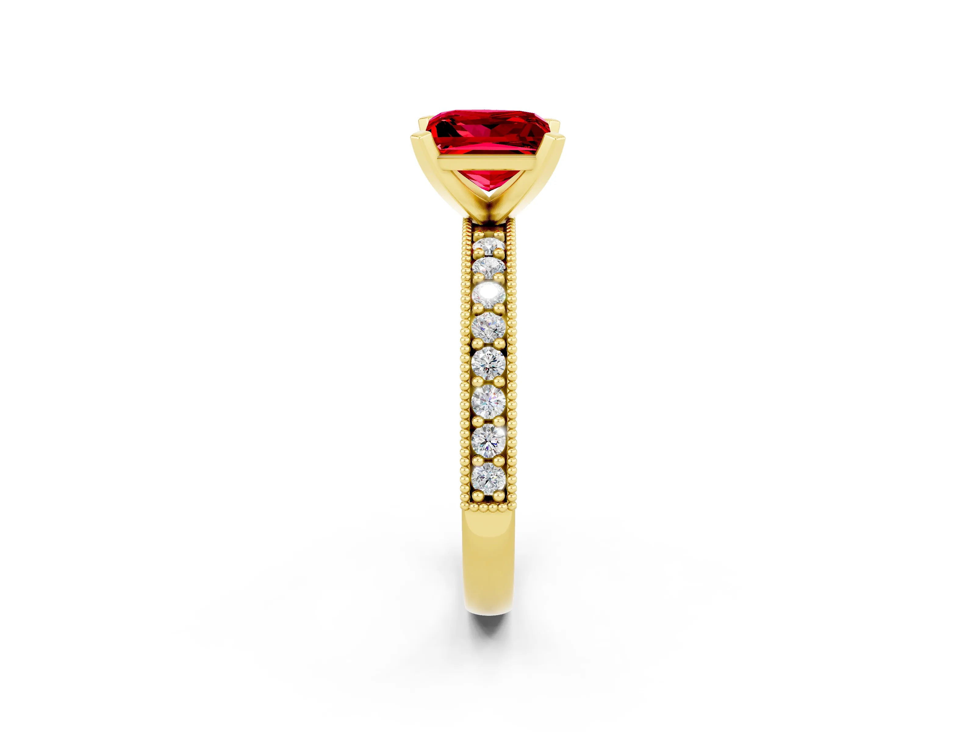 Yellow gold Princess Cut Ruby Milgrain Pavé Engagement Ring with Four-Prong Setting_14