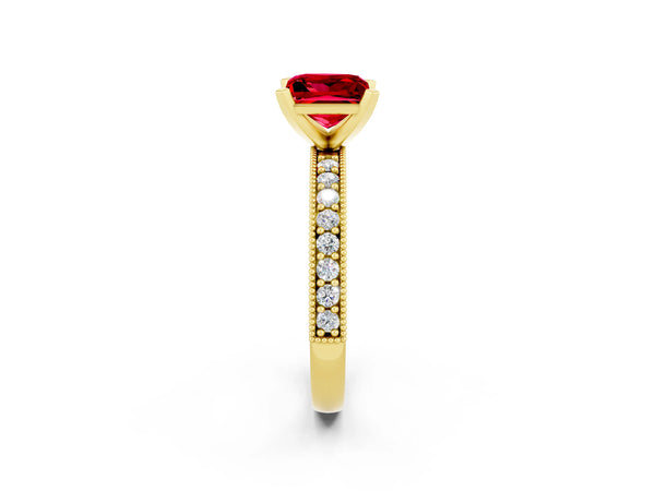 Yellow gold Princess Cut Ruby Milgrain Pavé Engagement Ring with Four-Prong Setting