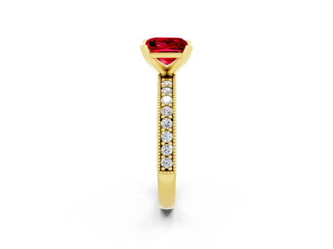 Yellow gold Princess Cut Ruby Milgrain Pavé Engagement Ring with Four-Prong Setting_14