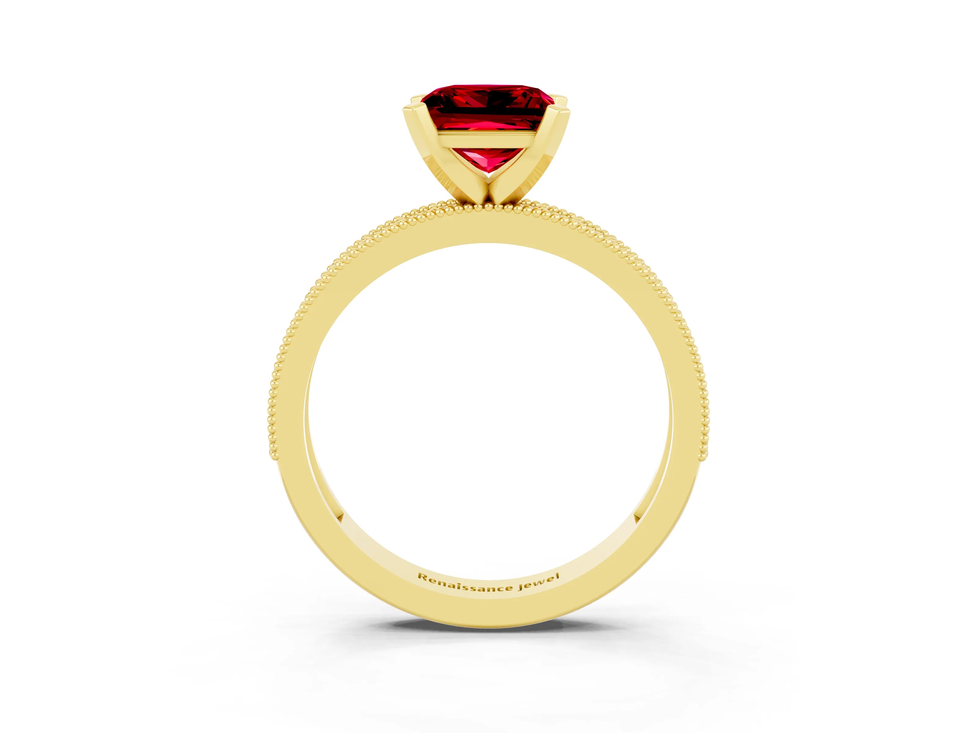 Yellow gold Princess Cut Ruby Milgrain Pavé Engagement Ring with Four-Prong Setting_15