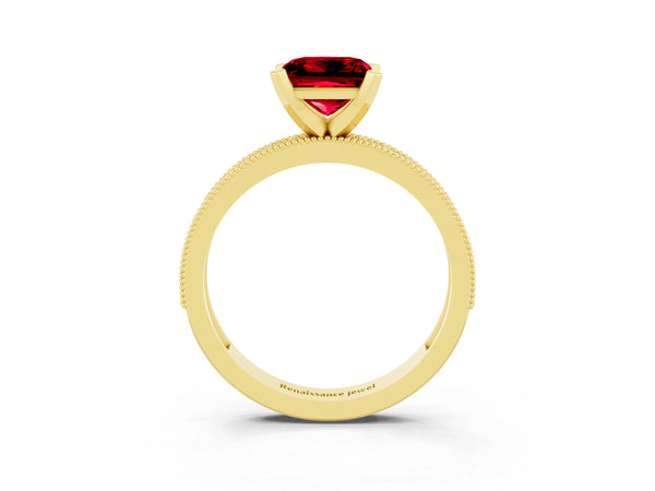 Yellow gold Princess Cut Ruby Milgrain Pavé Engagement Ring with Four-Prong Setting
