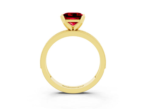 Yellow gold Princess Cut Ruby Milgrain Pavé Engagement Ring with Four-Prong Setting_15