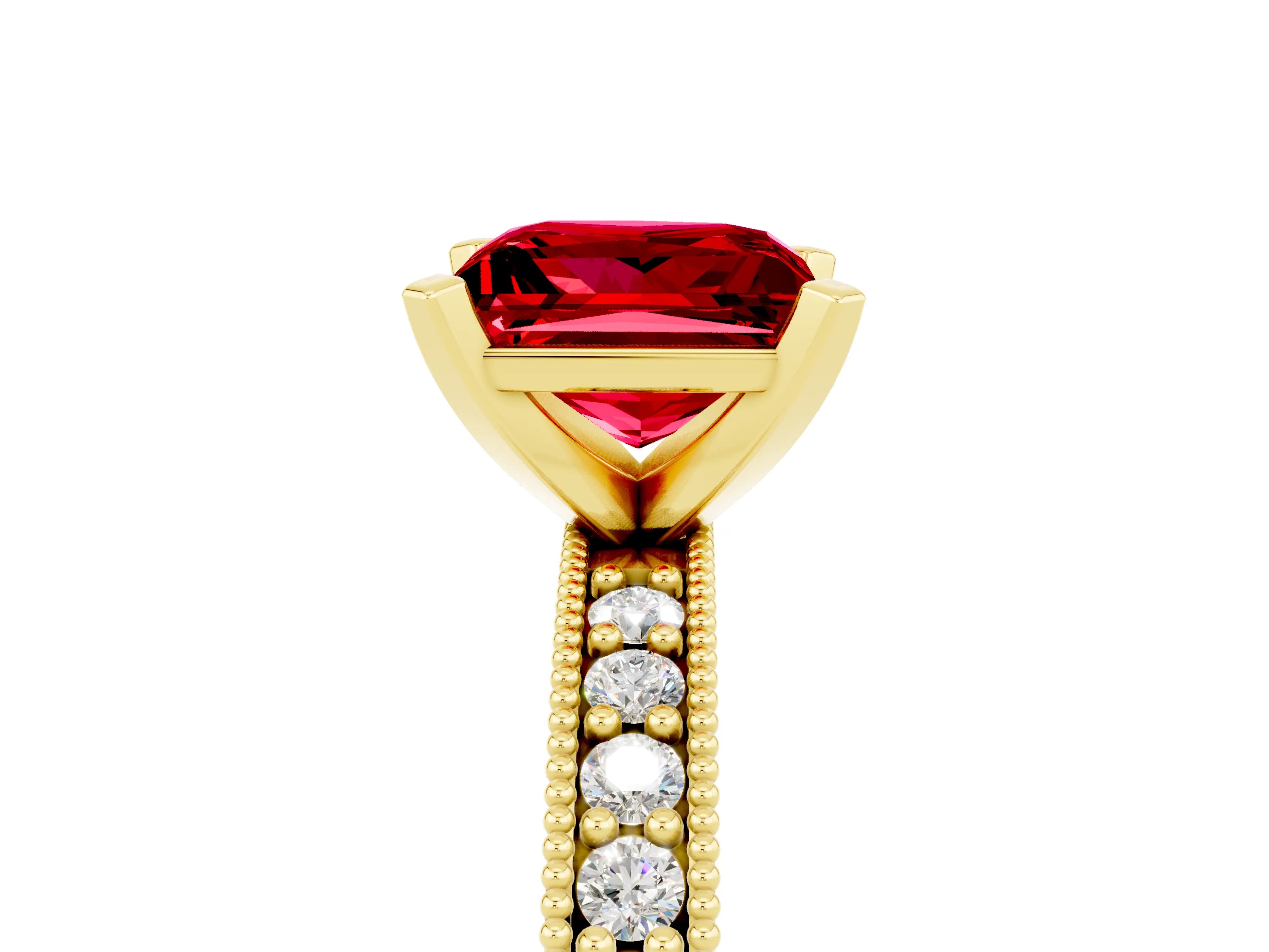 Yellow gold Princess Cut Ruby Milgrain Pavé Engagement Ring with Four-Prong Setting_17