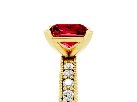 Yellow gold Princess Cut Ruby Milgrain Pavé Engagement Ring with Four-Prong Setting_17