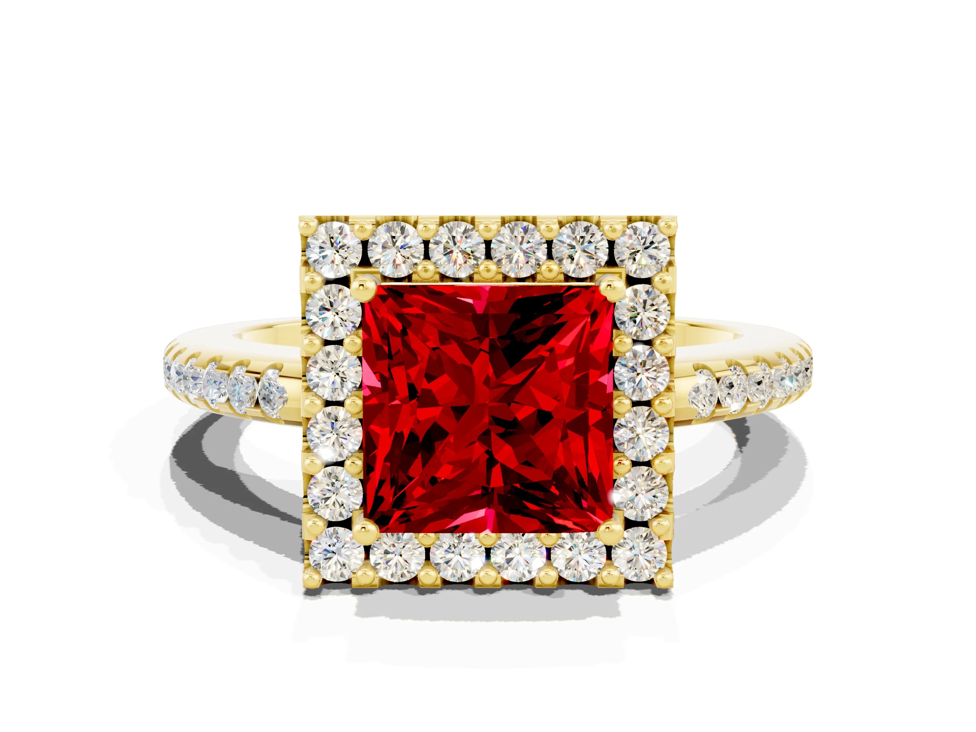 Yellow gold Princess Cut Ruby Pavé Halo Ring with Four-Prong Setting_36