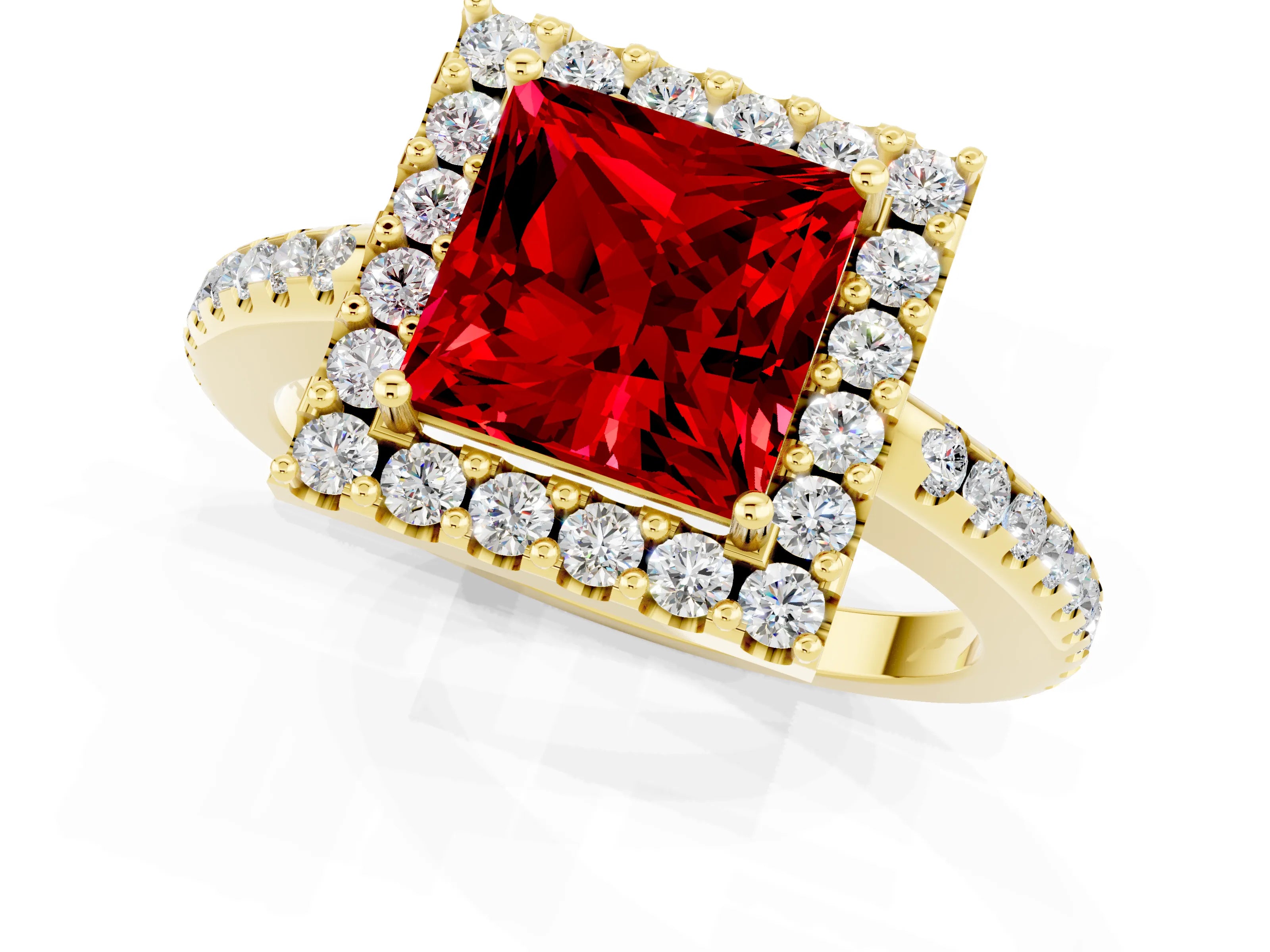 Yellow gold Princess Cut Ruby Pavé Halo Ring with Four-Prong Setting_37