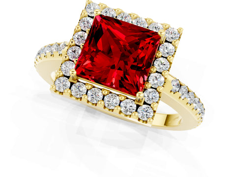 Yellow gold Princess Cut Ruby Pavé Halo Ring with Four-Prong Setting_37