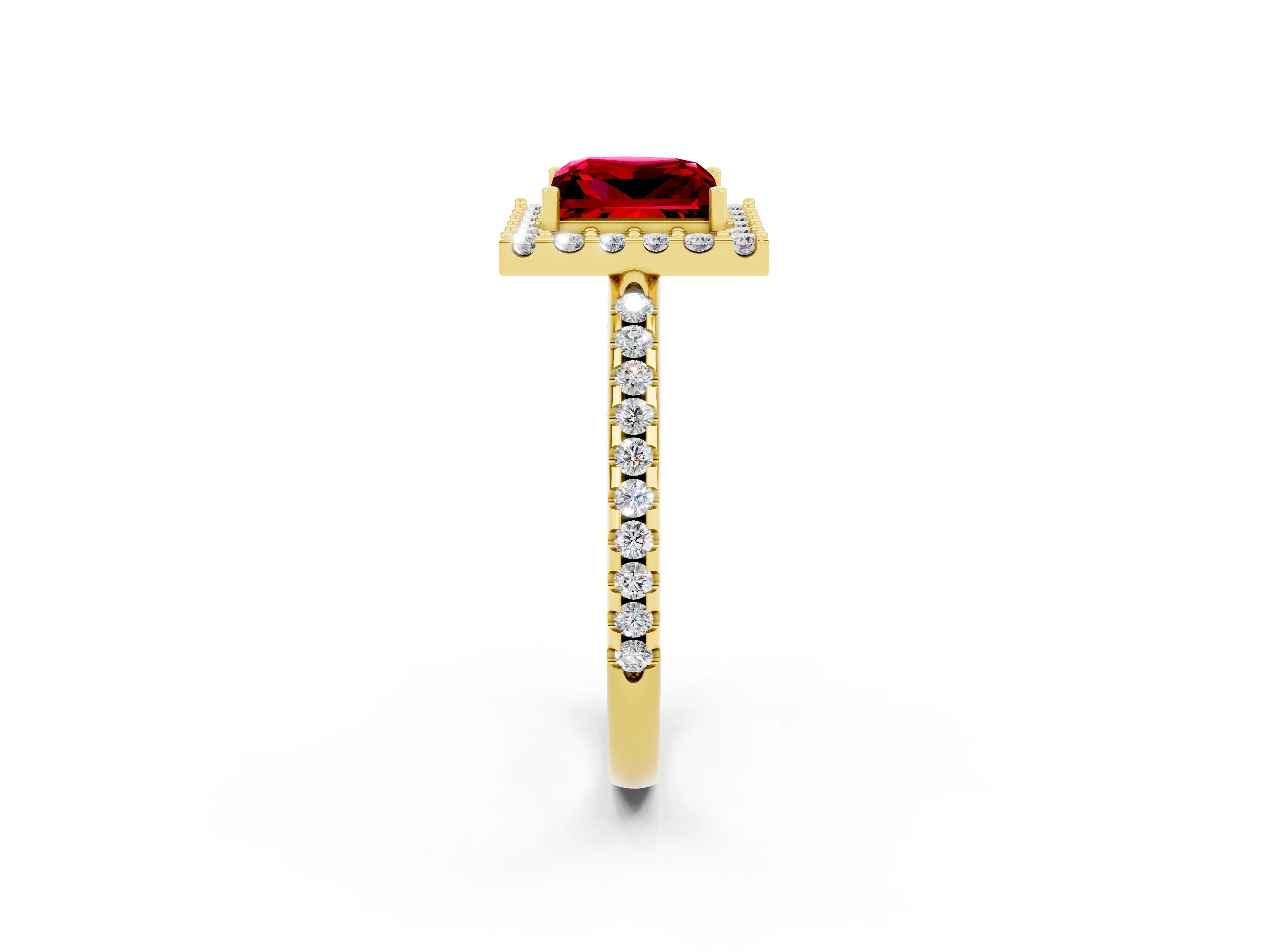 Yellow gold Princess Cut Ruby Pavé Halo Ring with Four-Prong Setting_38