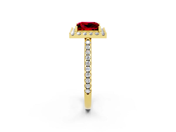 Yellow gold Princess Cut Ruby Pavé Halo Ring with Four-Prong Setting