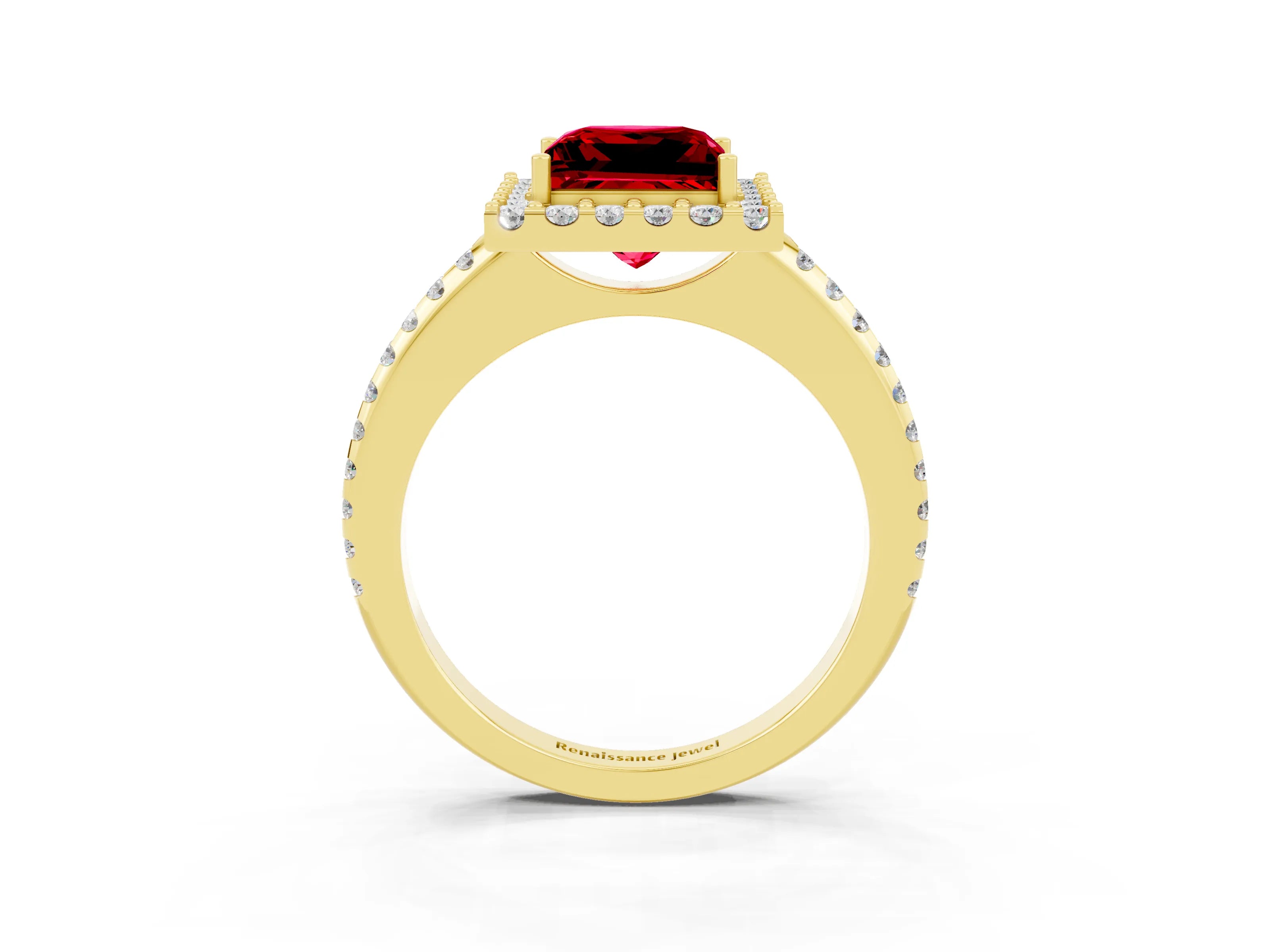 Yellow gold Princess Cut Ruby Pavé Halo Ring with Four-Prong Setting_39