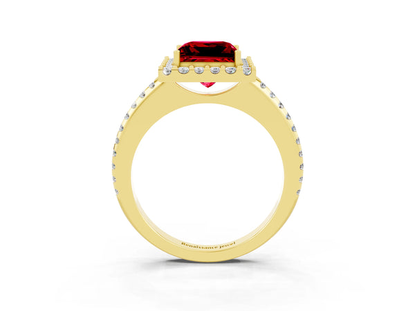 Yellow gold Princess Cut Ruby Pavé Halo Ring with Four-Prong Setting