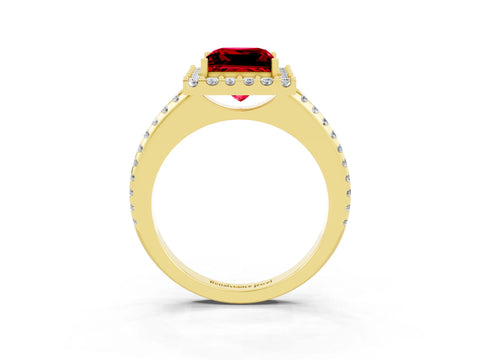 Yellow gold Princess Cut Ruby Pavé Halo Ring with Four-Prong Setting_39
