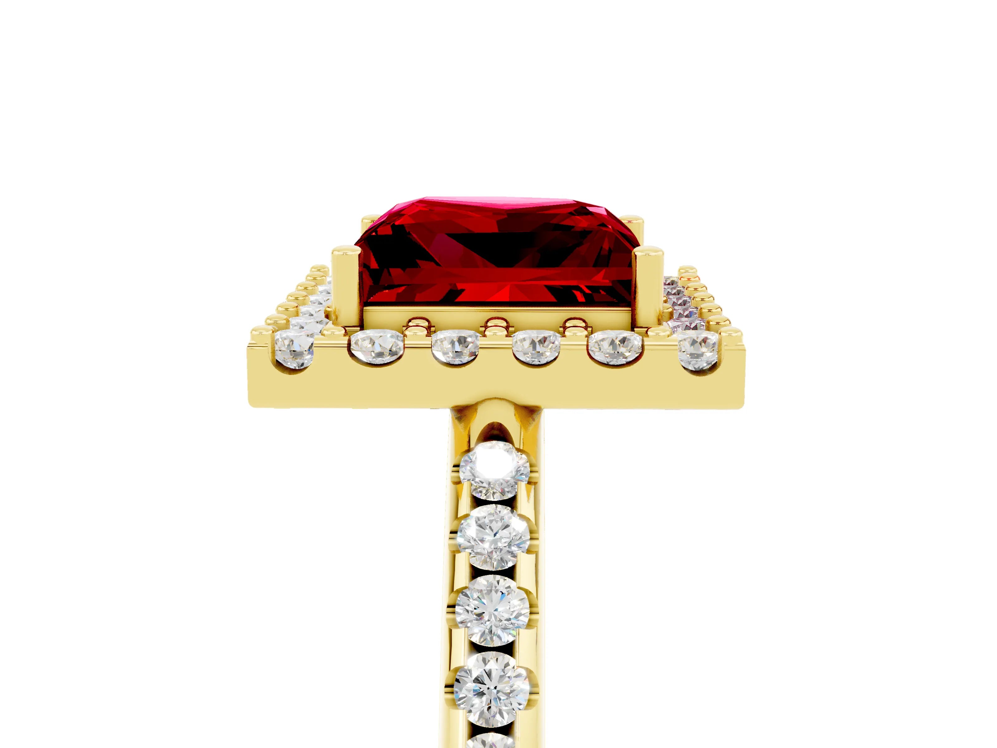 Yellow gold Princess Cut Ruby Pavé Halo Ring with Four-Prong Setting_41