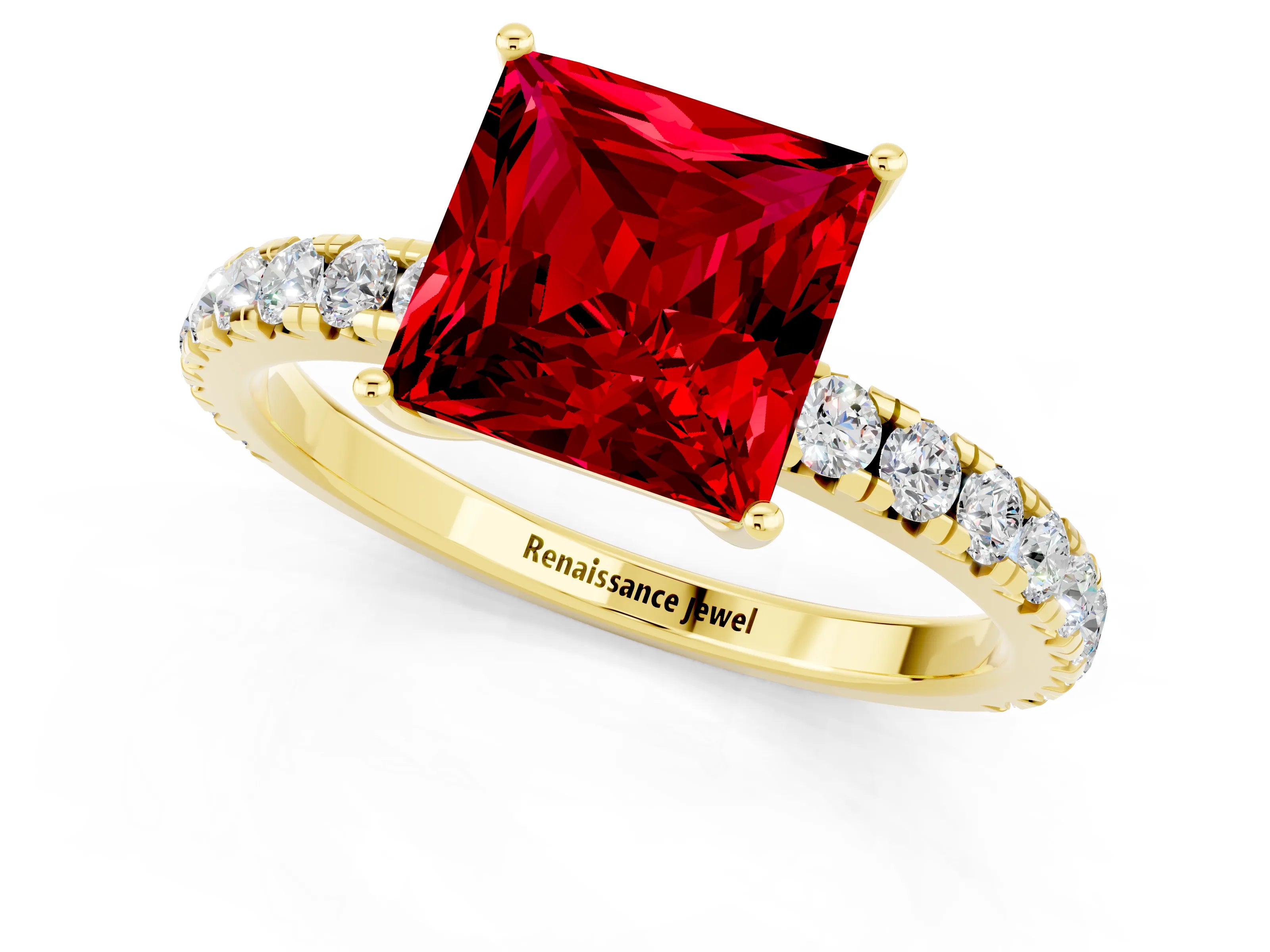 Yellow gold Princess Cut Ruby Pavé Solitaire Engagement Ring with Four-Prong Setting_13