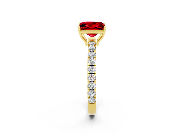 Yellow gold Princess Cut Ruby Pavé Solitaire Engagement Ring with Four-Prong Setting