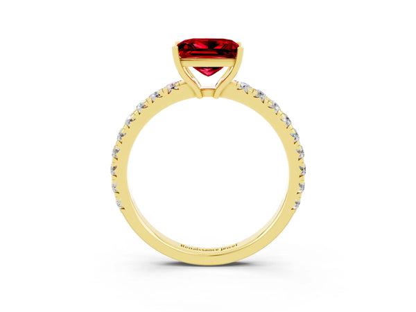 Yellow gold Princess Cut Ruby Pavé Solitaire Engagement Ring with Four-Prong Setting