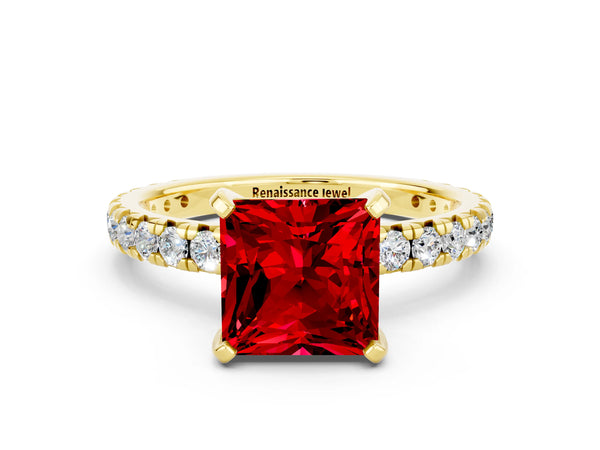 Yellow gold Princess Cut Ruby Pavé Solitaire Ring with Round Band and Prong Setting