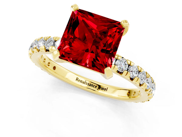 Yellow gold Princess Cut Ruby Pavé Solitaire Ring with Round Band and Prong Setting