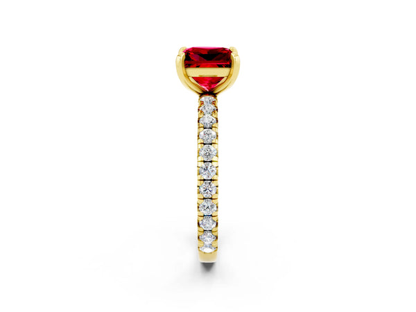 Yellow gold Princess Cut Ruby Pavé Solitaire Ring with Round Band and Prong Setting