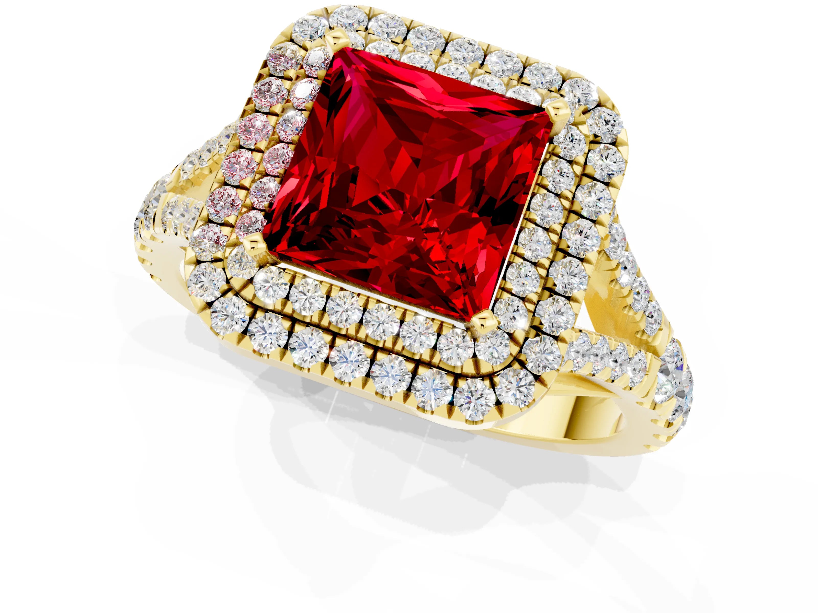 Yellow gold Princess Cut Ruby Pavé Split Shank Double Halo Engagement Ring_1