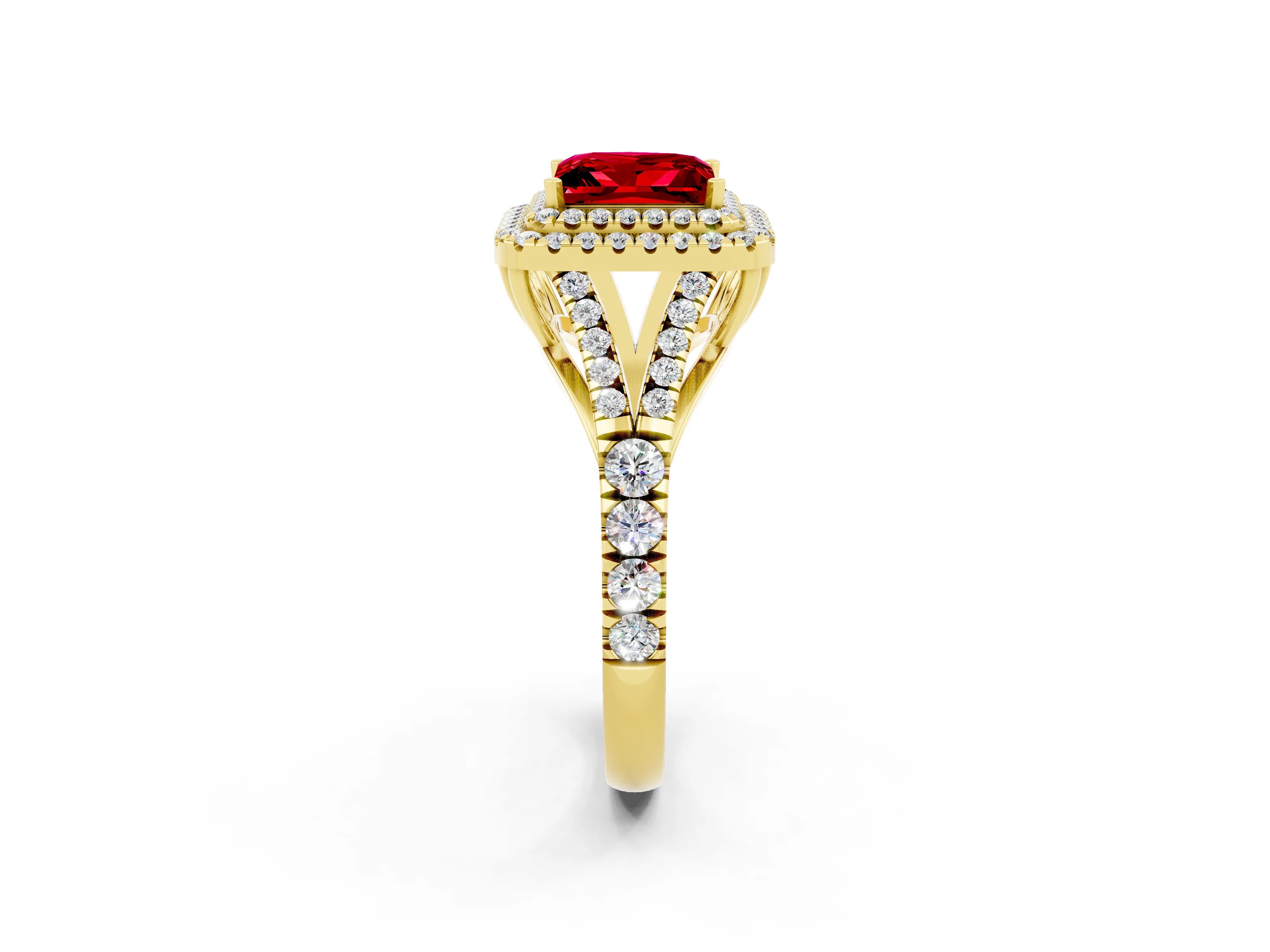 Yellow gold Princess Cut Ruby Pavé Split Shank Double Halo Engagement Ring_2