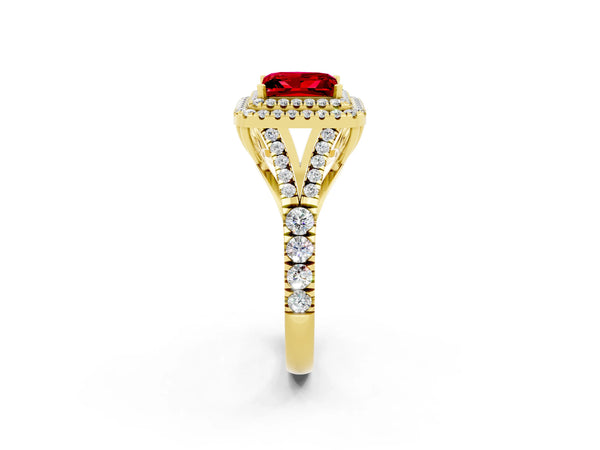 Yellow gold Princess Cut Ruby Pavé Split Shank Double Halo Engagement Ring