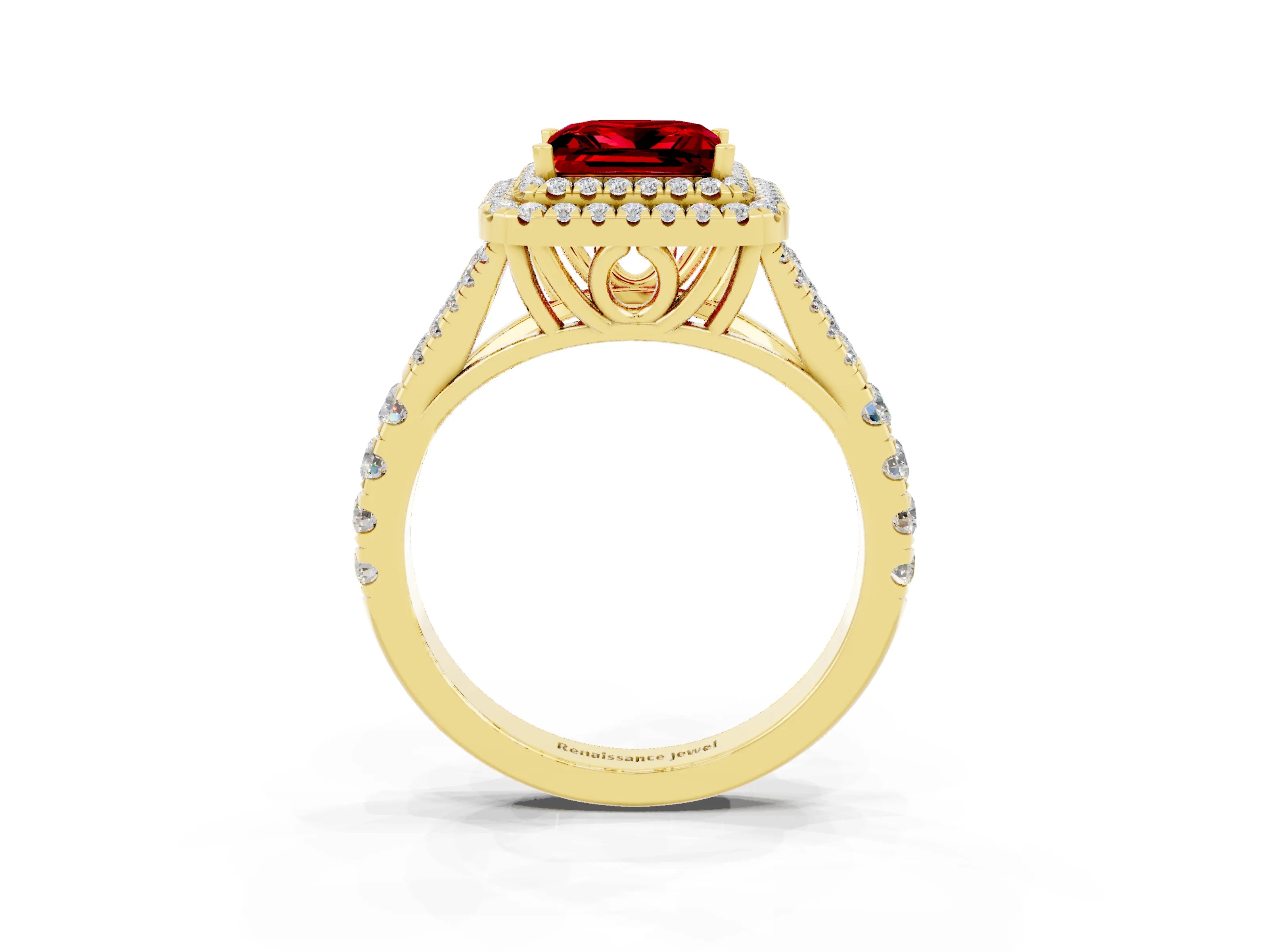 Yellow gold Princess Cut Ruby Pavé Split Shank Double Halo Engagement Ring_3
