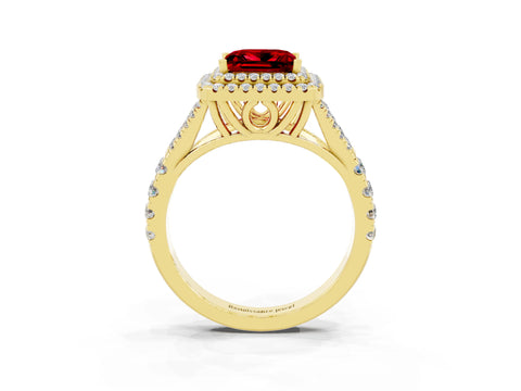 Yellow gold Princess Cut Ruby Pavé Split Shank Double Halo Engagement Ring_3
