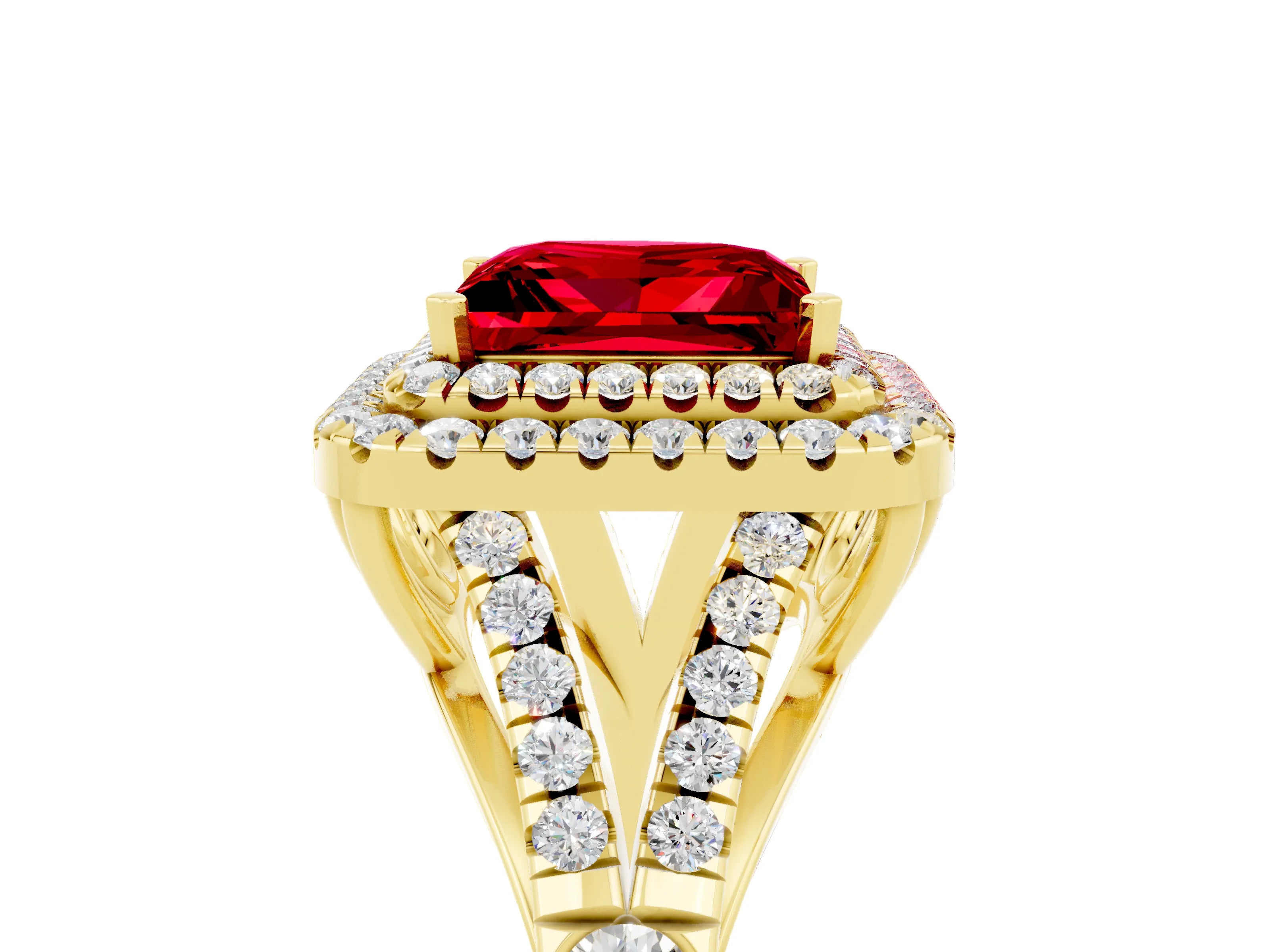 Yellow gold Princess Cut Ruby Pavé Split Shank Double Halo Engagement Ring_5