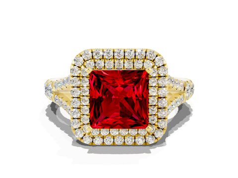 Yellow gold Princess Cut Ruby Pavé Split Shank Double Halo Engagement Ring