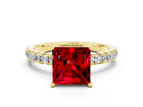 Yellow gold Princess Cut Ruby Pave Band Solitaire Ring with Four-Prong Setting_12
