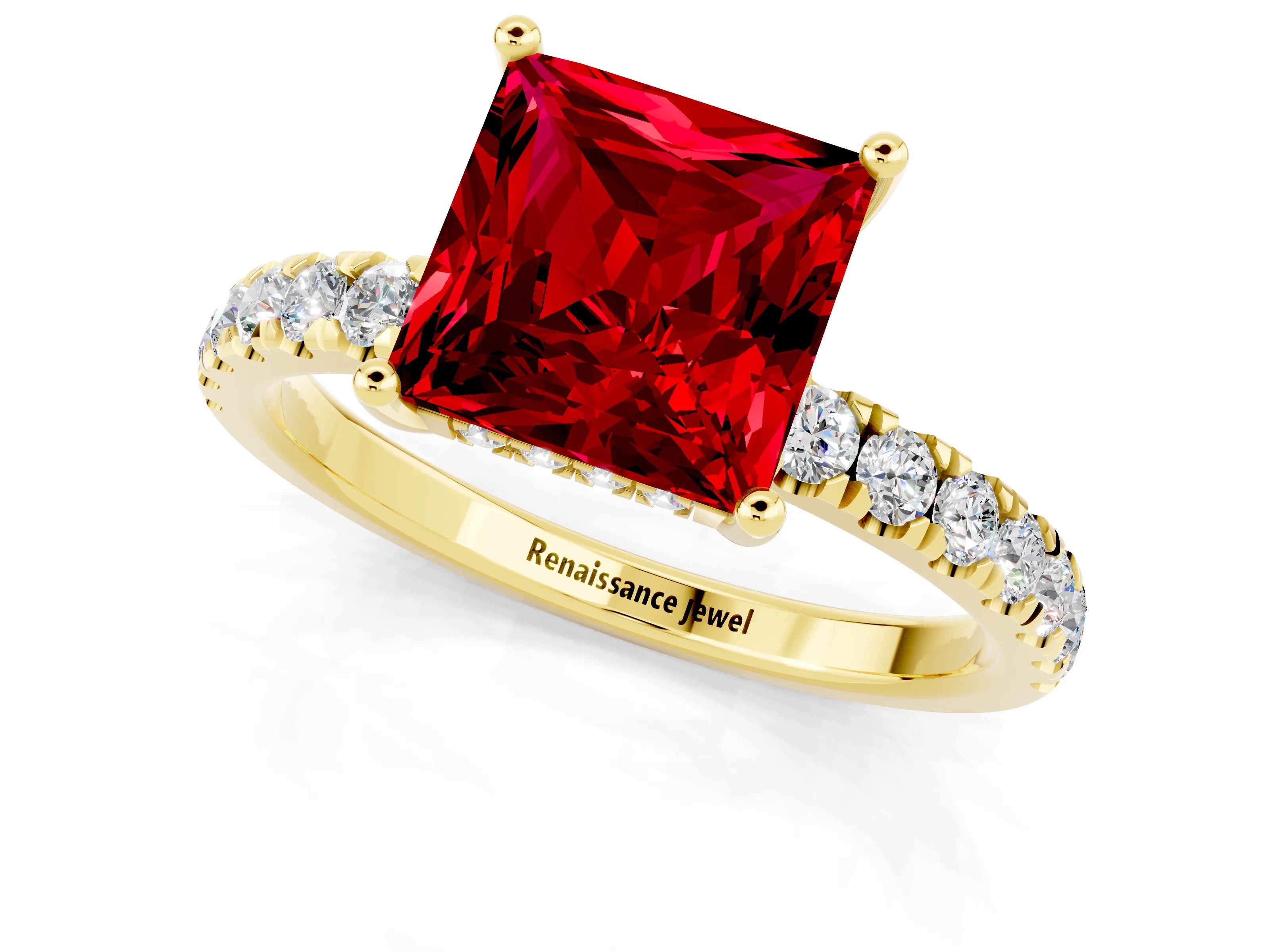 Yellow gold Princess Cut Ruby Pave Band Solitaire Ring with Four-Prong Setting_13