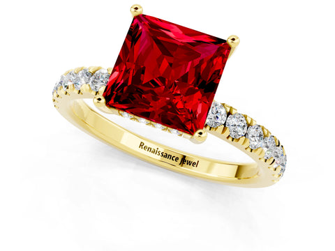 Yellow gold Princess Cut Ruby Pave Band Solitaire Ring with Four-Prong Setting_13